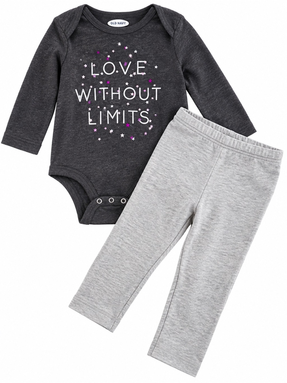 Old Navy Charcoal Bodysuit & Light Gray Leggings Set with Pink Star Accents